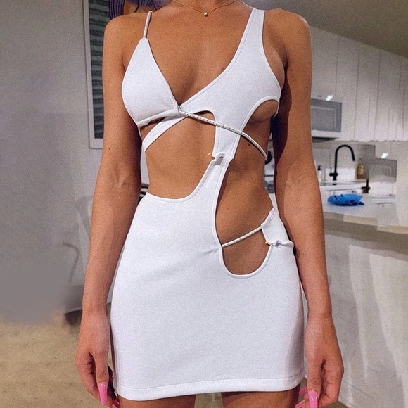 Rincón White Rope Tie Pekaboo Mini Dress, Special Occasion White Beach Mini - Picture 3 of 6